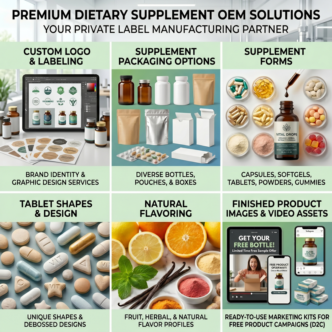 Premium dietary supplement OEM ODM private label solution chart from Shaanxi Yaokun Bio, custom logo labeling, multiple packaging, powder capsule tablet gummy forms, natural flavor customization and brand marketing support