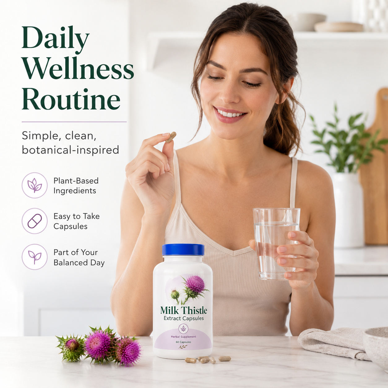 Daily wellness usage scene of milk thistle extract capsules made from 80% silymarin bulk powder, plant-based liver support dietary supplement raw material Yaokun Bio
